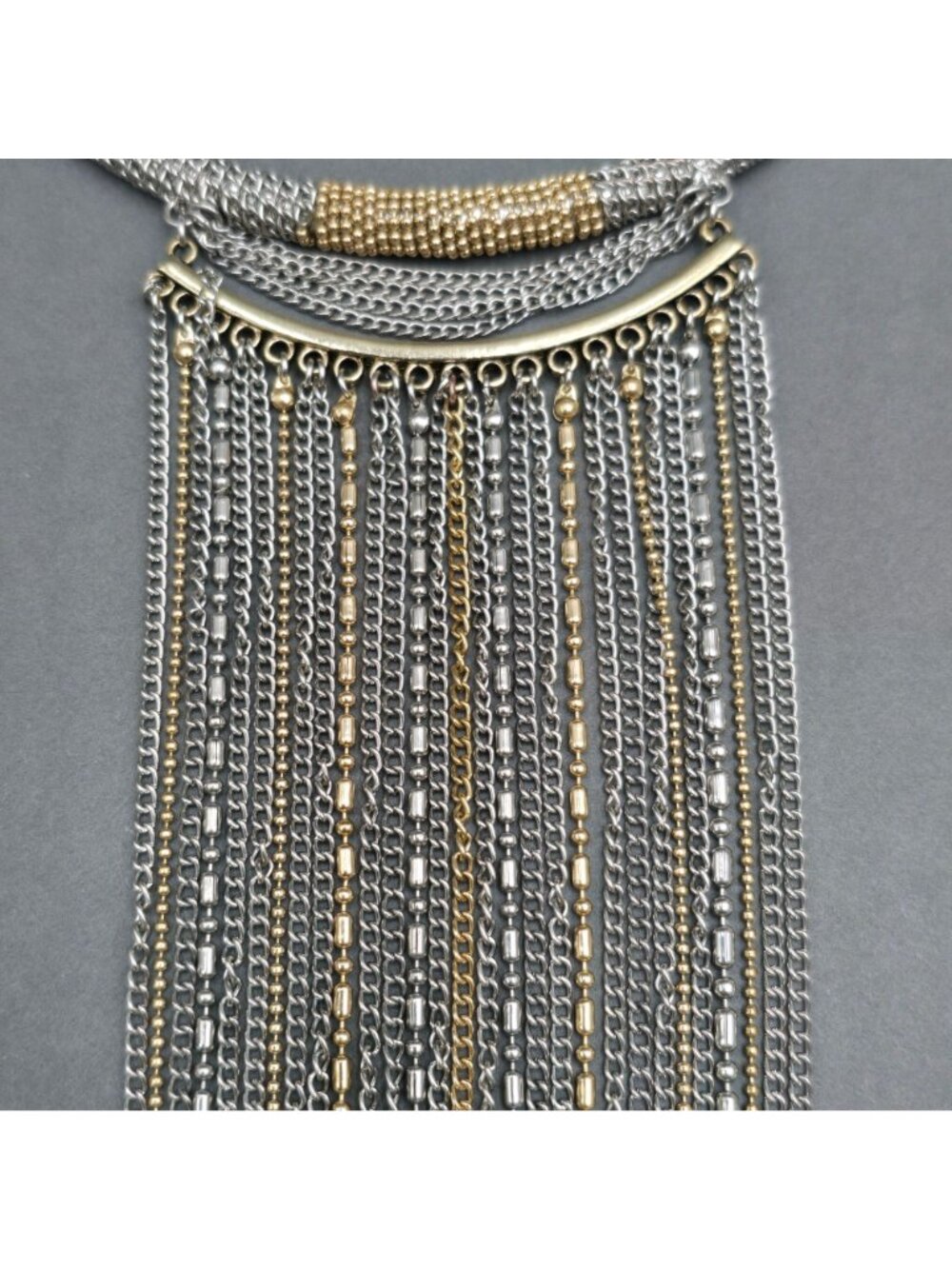Vintage Two Tone Metal Mesh Collar Necklace Gold Silver Waterfall Fringe Choker - Picture 7 of 15